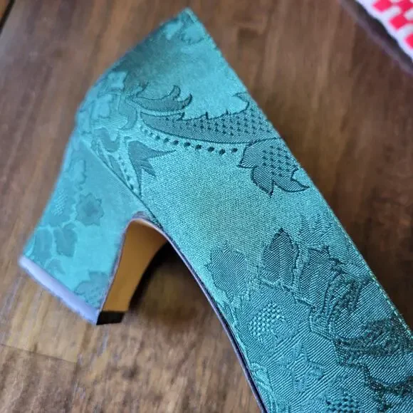 Connie Opulent IV Forest Green Patterned Fabric 2.25" Heels vintage women's Sz 9 - Picture 2 of 8